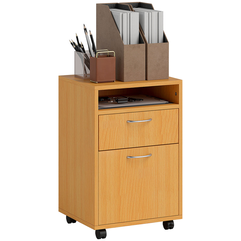 60cm Filing Cabinet with Drawer Open Shelf and Wheels Natural Wood Finish by HOMCOM