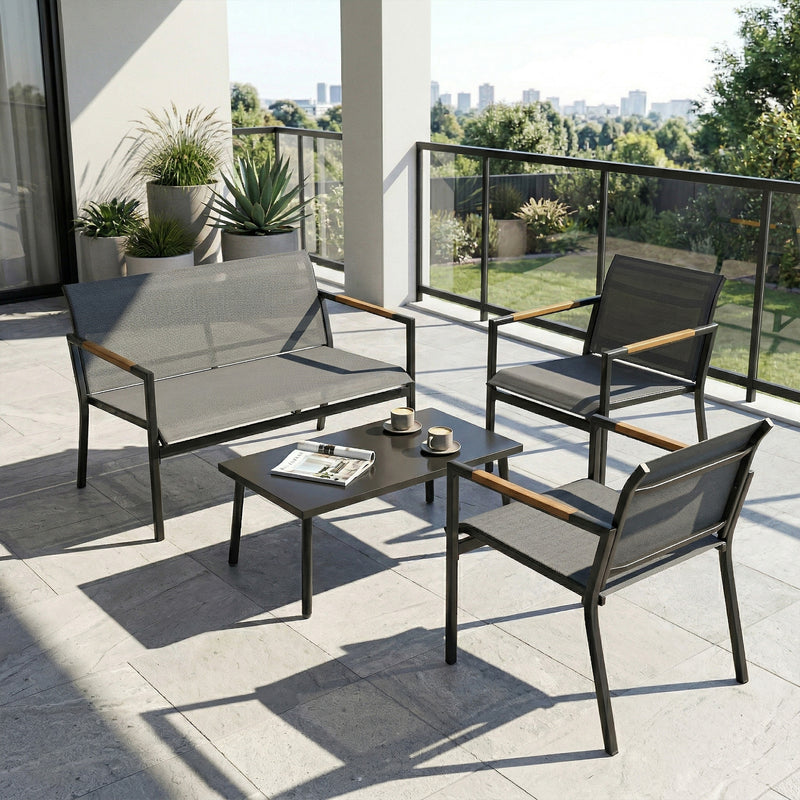 Outsunny 4 Seater Garden Furniture Set with Loveseat, Armchairs, Table, Metal Garden Sofa Set with Breathable Seats, Grey AOSOM