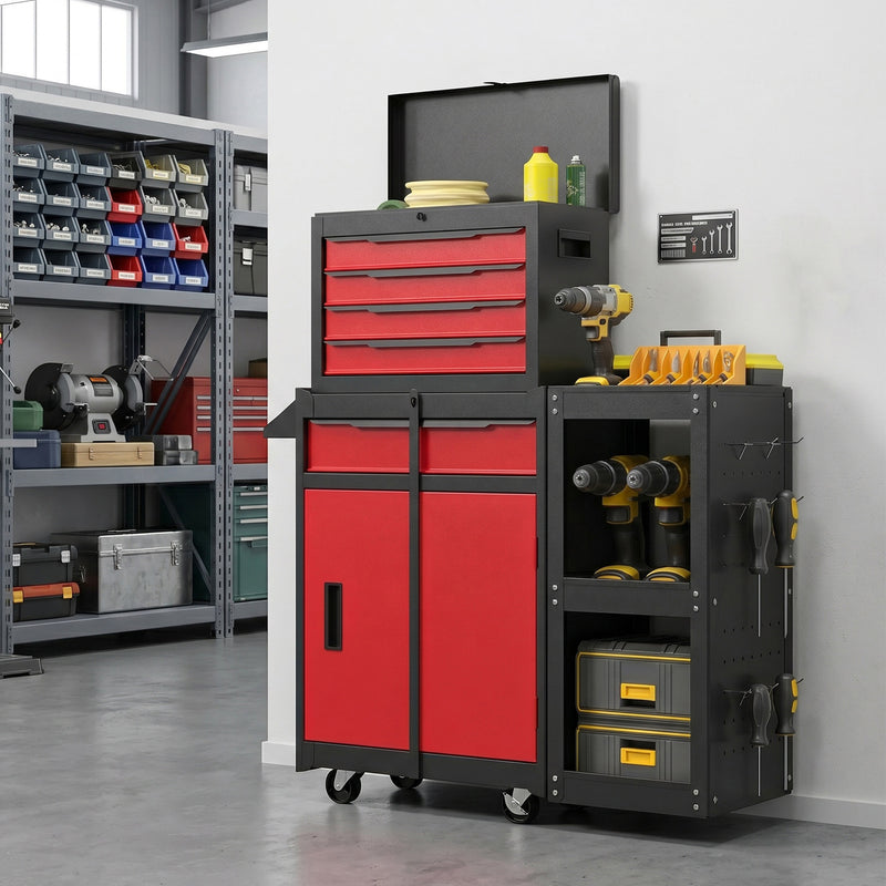 Rolling Tool Chest With Lockable Drawers and Slim Design for Small Garages Black Red