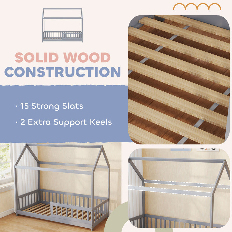 Toddler Bed with House Frame and Guard Rails for Safe and Cosy Sleep Grey