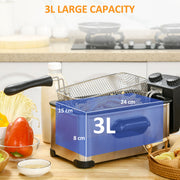 3 Litre Deep Fat Fryer with Timer Adjustable Temperature and Viewing Window Silver