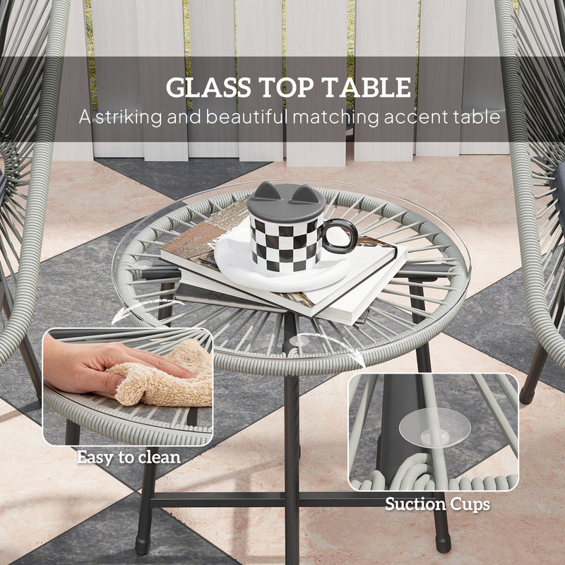 3 Piece Rattan Bistro Set with Cushions and Glass Top Table Light Grey by Outsunny