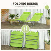 Green Folding Sun Loungers Set of 2 with Reclining Backs and Pillows for Patio or Beach