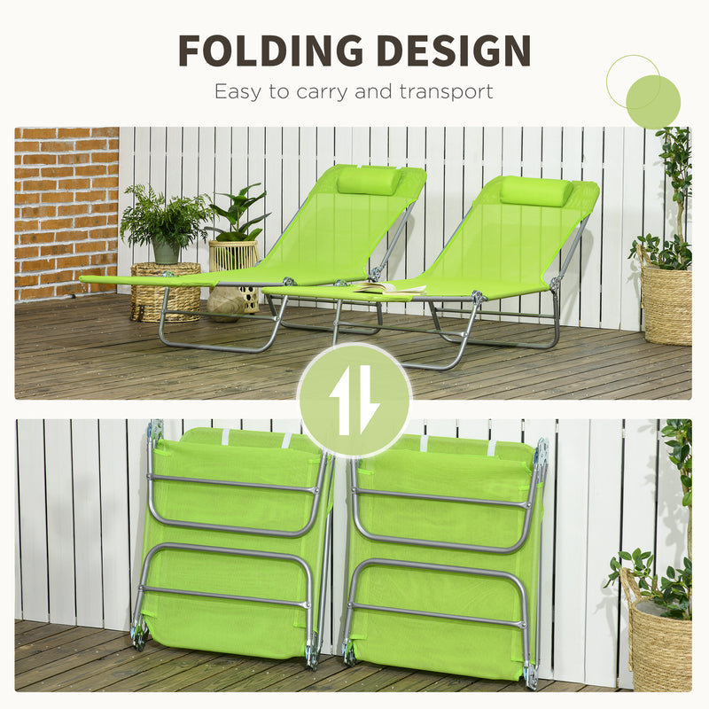 Green Folding Sun Loungers Set of 2 with Reclining Backs and Pillows for Patio or Beach