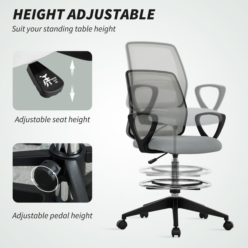 Adjustable Draughtsman Office Chair with Footrest for Tall Desks or Counters Light Grey