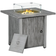 Grey Square Gas Fire Pit Table 71cm with Glass Screen and Cover for Outdoor Heating 50000 BTU