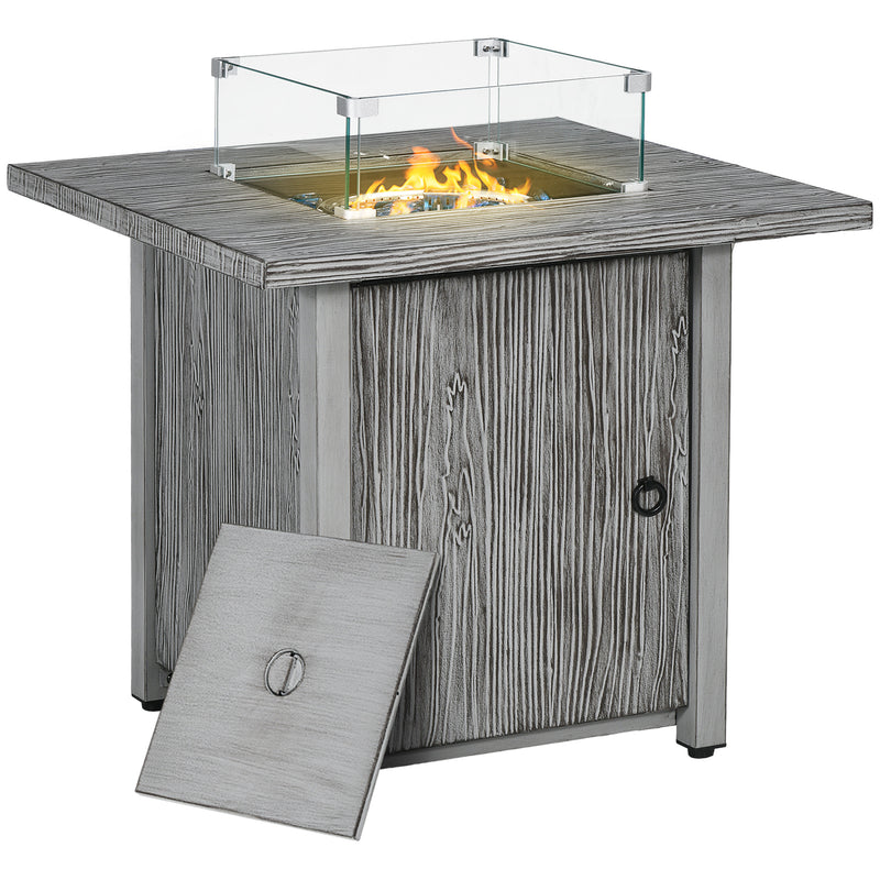 Grey Square Gas Fire Pit Table 71cm with Glass Screen and Cover for Outdoor Heating 50000 BTU