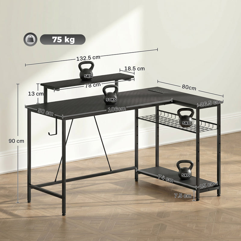 L Shaped Desk with Shelves and LED Lighting for Organised Home Office Black