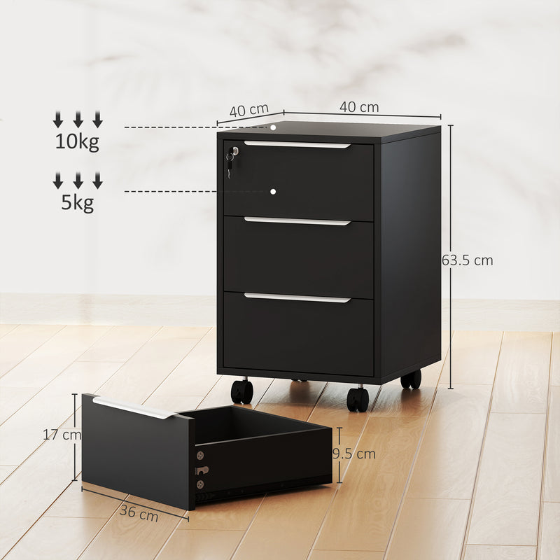 Black Three Drawer Lockable Filing Cabinet with Spacious Storage by Homcom