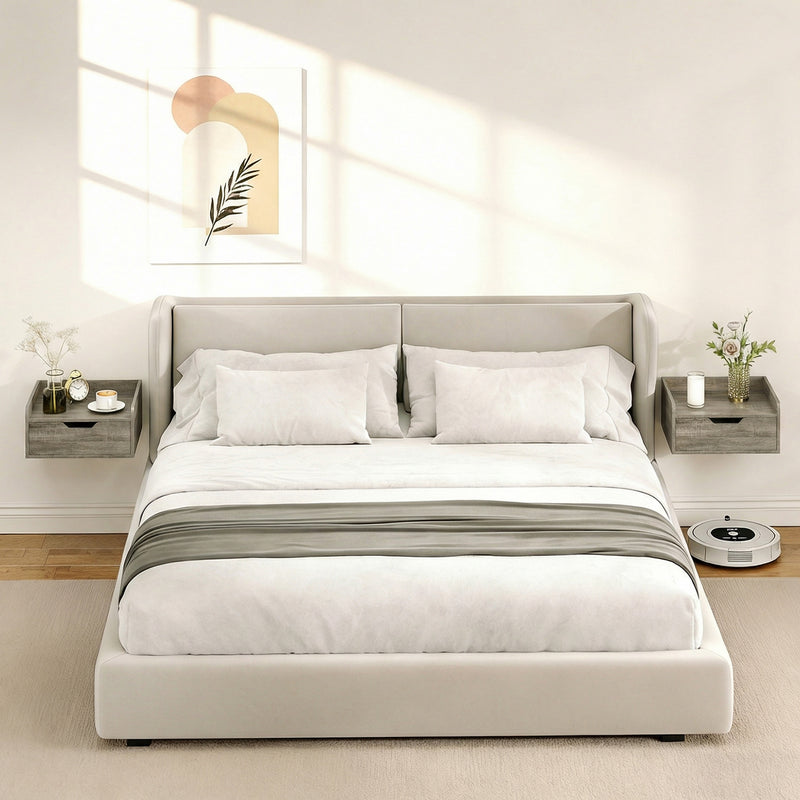 Floating Bedside Tables Set of 2 with Drawer and Shelf for Space Saving Bedroom Storage Grey AOSOM