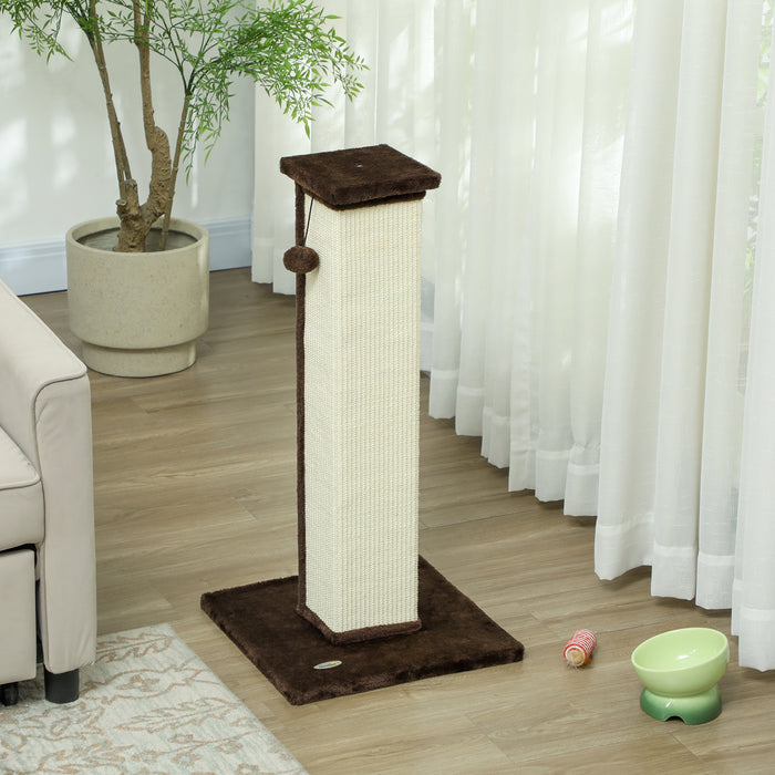 81cm Cat Scratching Post with Sisal Rope Hanging Ball and Soft Plush in Brown by PawHut
