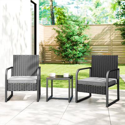 Rattan Garden Bistro Set for Two with Cushions and Glass Table for Small Spaces Black AOSOM
