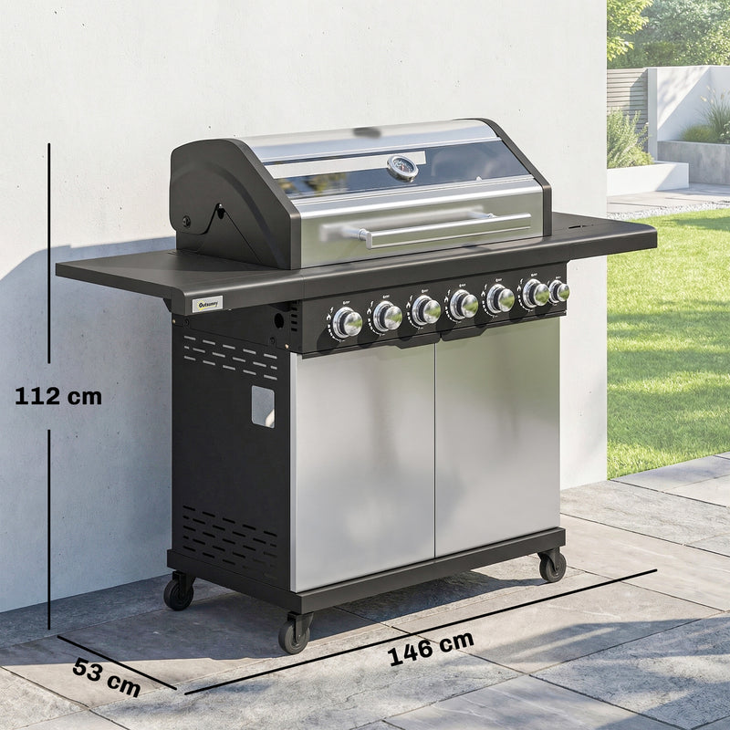 6 Burner Gas BBQ Grill With Side Burner for Easy Outdoor Cooking and Entertaining in the Garden Silver Tone Outsunny