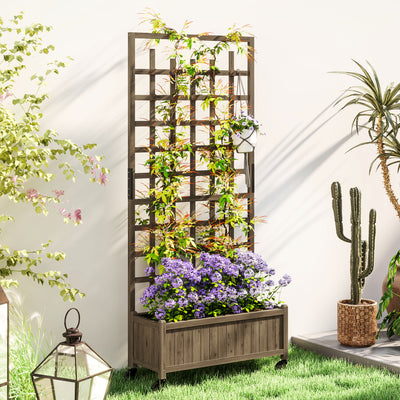 Wooden Trellis Planter Raised Garden Bed with Wheels for Vegetables and Flowers Brown by Outsunny