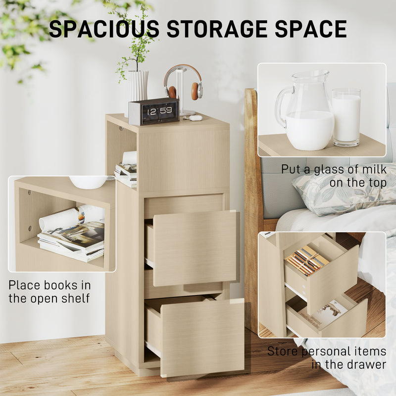 Slim Bedside Table With Open Shelf and Two Drawers for Bedroom Storage Natural Wood Finish