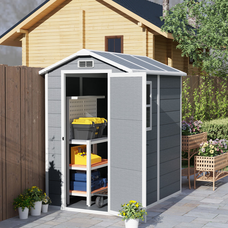 Grey 4 x 6ft Plastic Garden Shed With Floor, Window, Lockable Door, and Vents by Outsunny