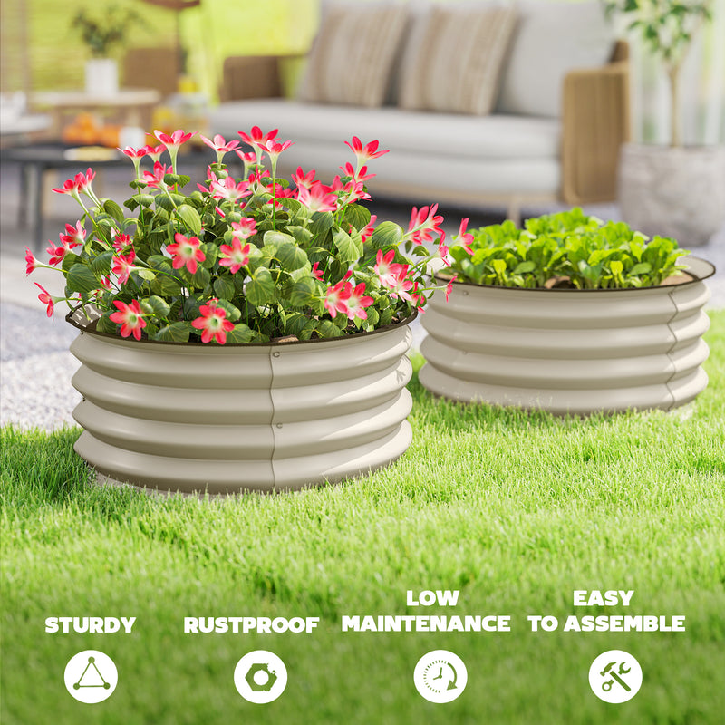 Set of 2 Metal Raised Garden Beds With Safety Edging For Vegetables and Flowers Cream White AOSOM
