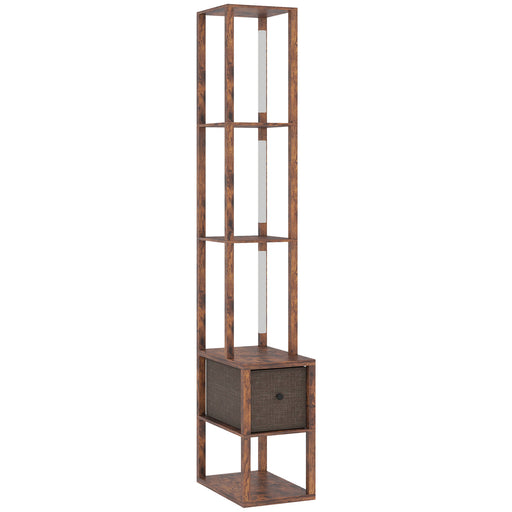 Modern LED Floor Lamp With Shelves And Drawer For Living Room Or Bedroom, Rustic Brown