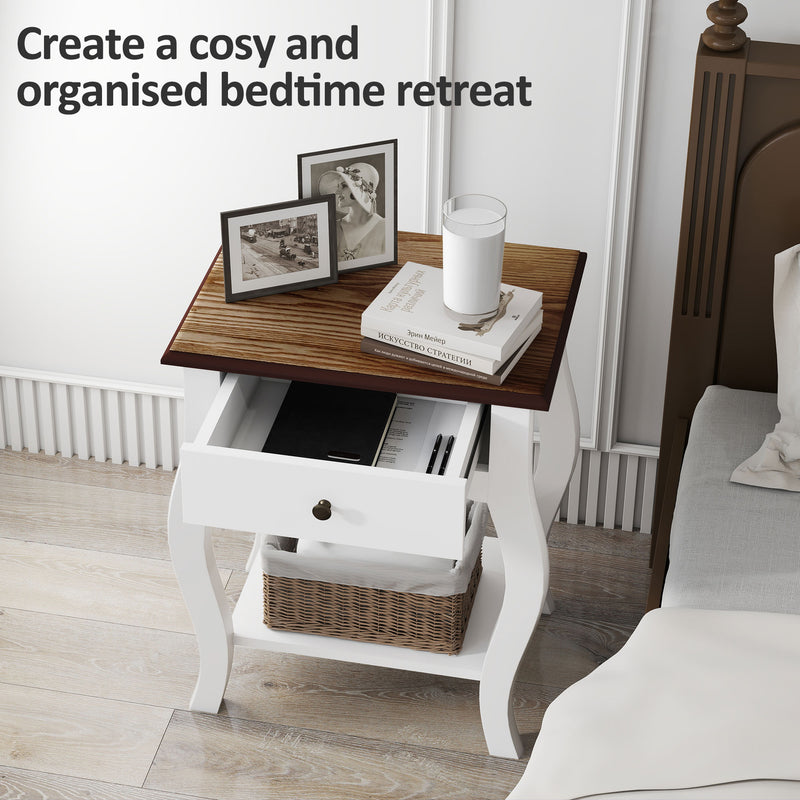 2 Piece French Style Bedside Tables with Drawer and Shelf for Bedroom or Lounge White