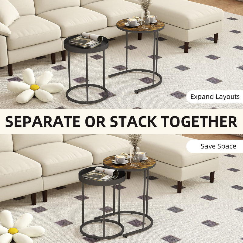 Set of 2 Round Nesting Side Tables with Space Saving Design for Living Room Rustic Brown