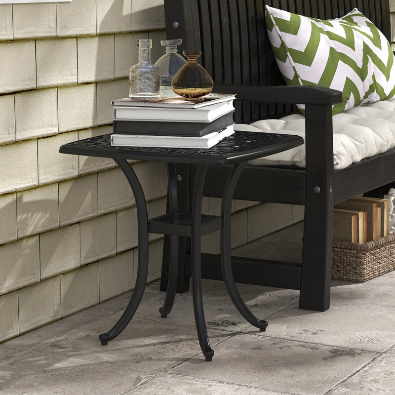 Black Square Cast Aluminium Garden Bistro Table With Umbrella Hole For Patio Or Balcony Outsunny