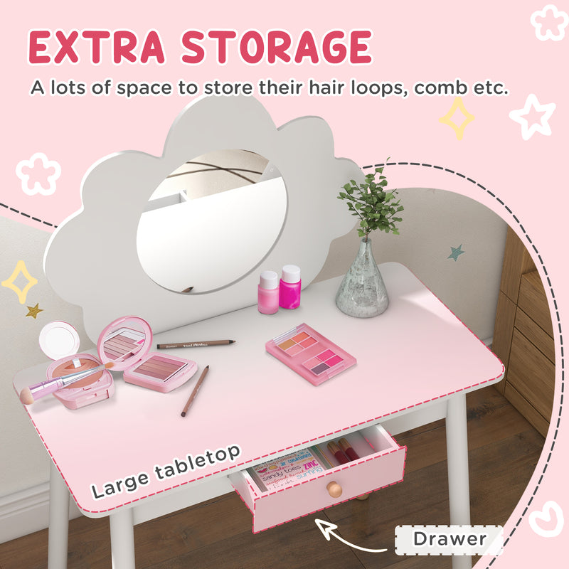 White Kids Dressing Table with Mirror Stool and Drawer Cloud Design by AIYAPLAY