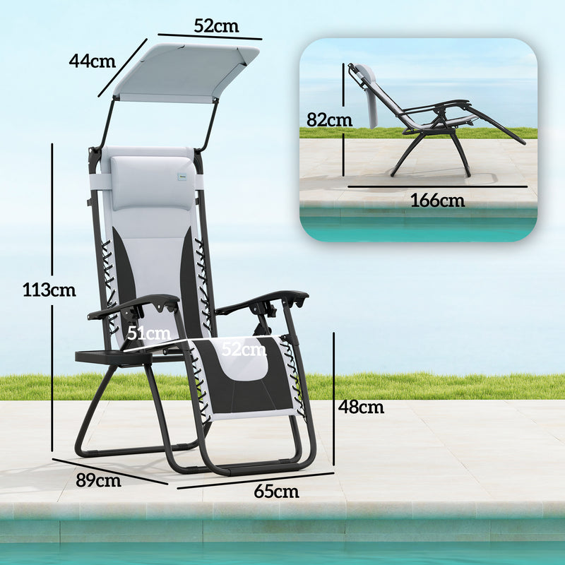 Set of 2 Light Grey Zero Gravity Outdoor Recliner Chairs with Canopy and Cushion by Outsunny