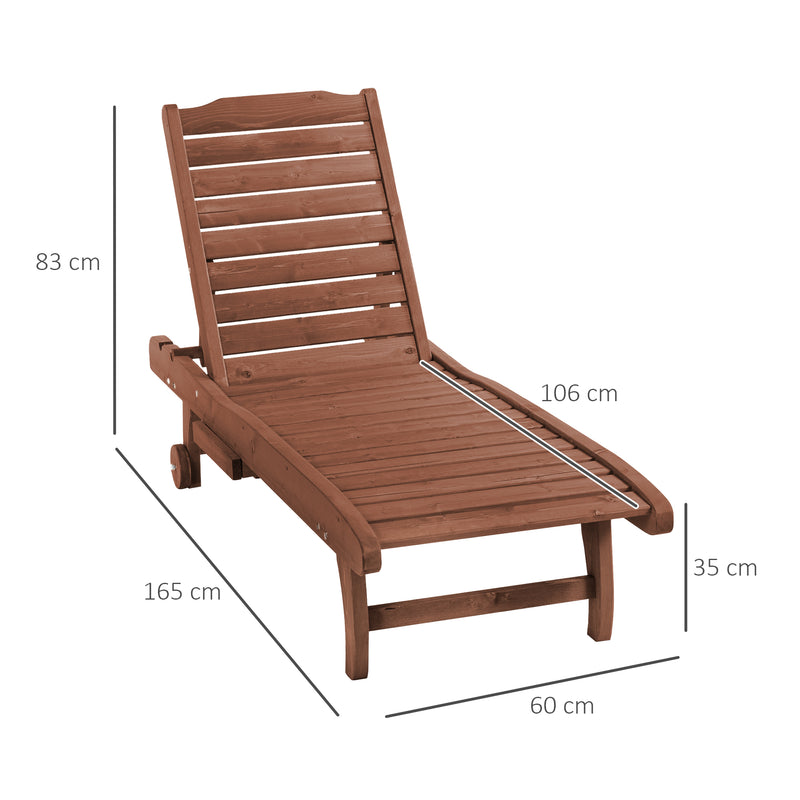 Brown Wooden Sun Lounger Chair With Wheels Adjustable Back and Side Table for Garden