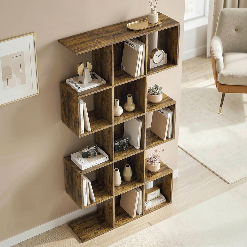 HOMCOM 5-Tier Bookshelf, S Shaped Geometric Bookcase with 15 Compartments, Rustic Brown AOSOM