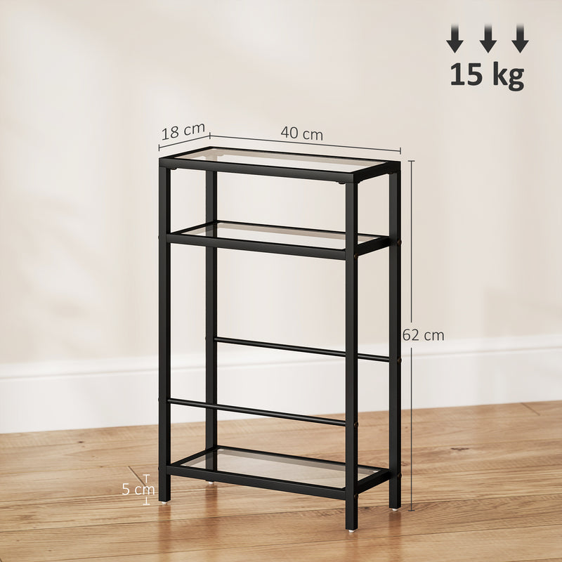 Slim Glass Side Table with Three Shelves for Small Spaces and Extra Storage Black
