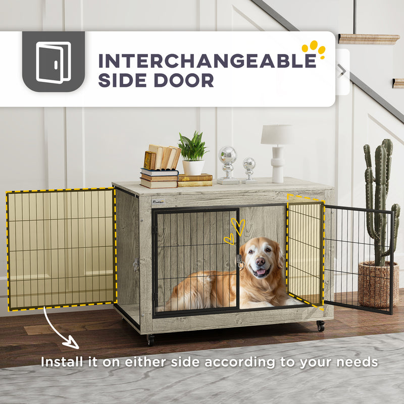 Grey Dog Crate Furniture with Wheels and Double Doors for Large Dogs 100 x 60 x 73.5cm by PawHut