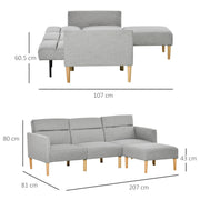L Shaped Linen Fabric Corner Sofa Bed with Footstool and Wooden Legs for Living Room Light Grey