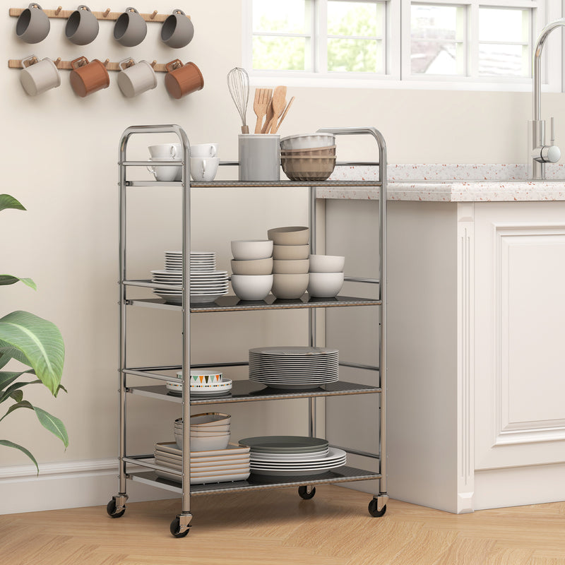 4 Tier Stainless Steel Kitchen Trolley With Adjustable Shelves For Storage, Silver