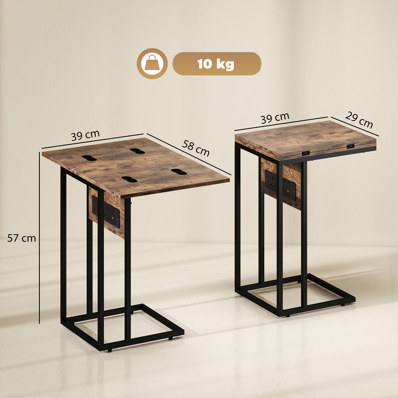 C Shaped Side Table with Foldable Top and USB Charging Station Ideal for Small Spaces Rustic Brown