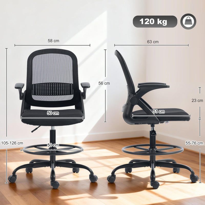 Adjustable Draughtsman Chair with Mesh Back and Flip-Up Arms for Home Office Black AOSOM