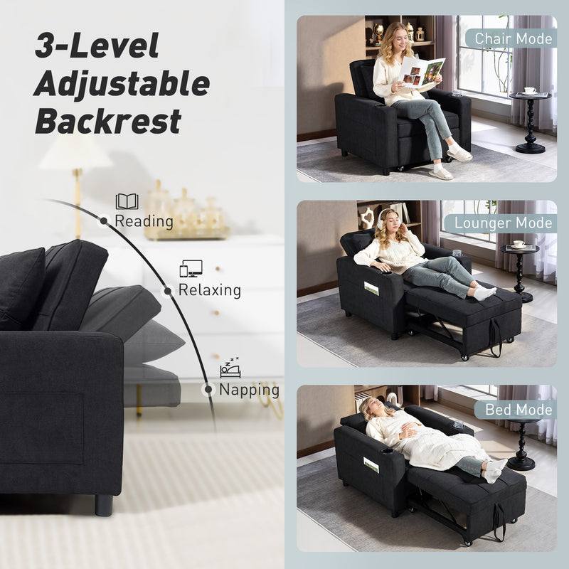 3 in 1 Convertible Sleeper Chair Sofa Bed Single Seat For Guest Room Or Lounge Black Homcom