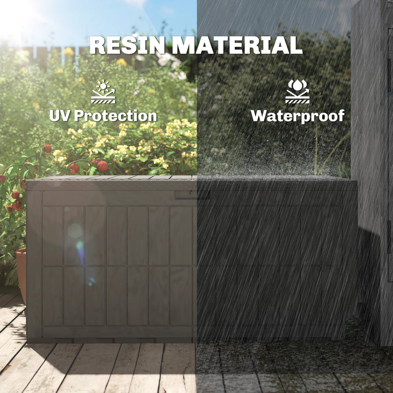 440L Waterproof Plastic Garden Storage Box With Bench Seat For Garden Tools & Cushions Wood Effect Coffee
