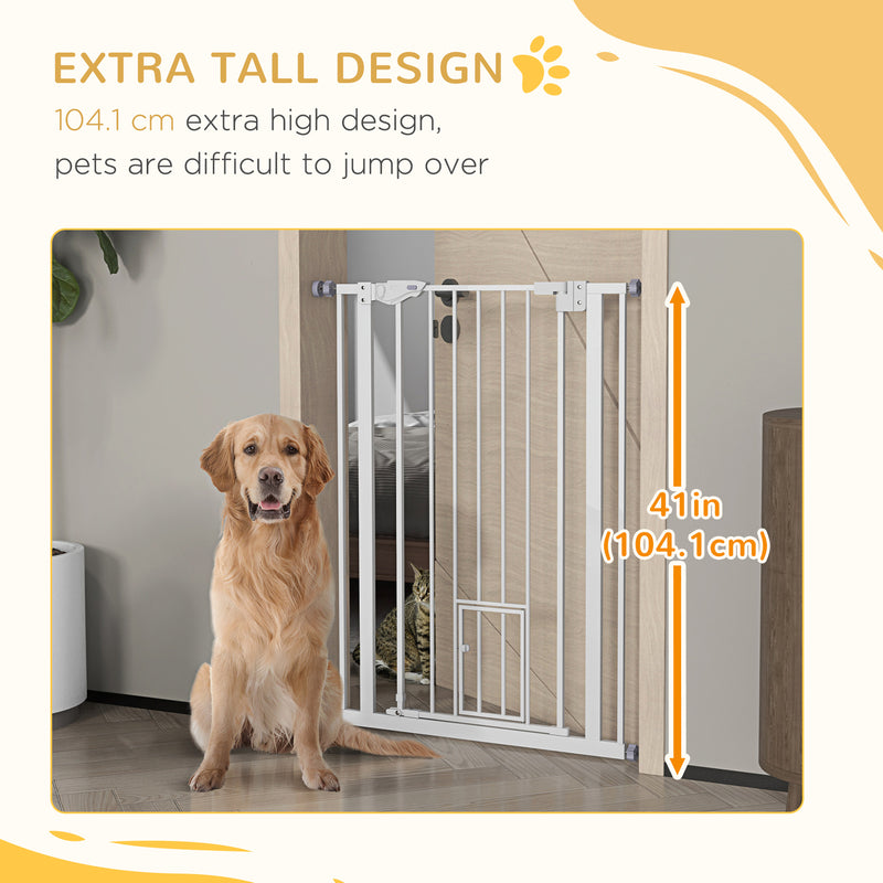 Extra Tall Indoor Dog Gate With Auto Close And Cat Flap Fits 74 To 80cm Wide White