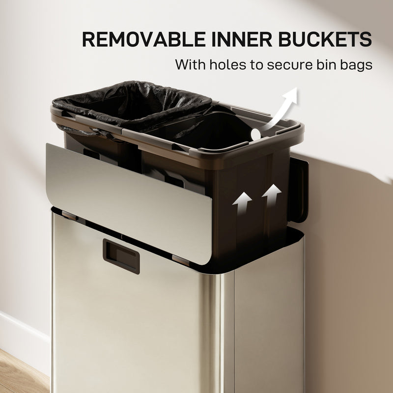 56L Dual Kitchen Recycling Pedal Bin with Soft Close Lid and Removable Buckets Silver