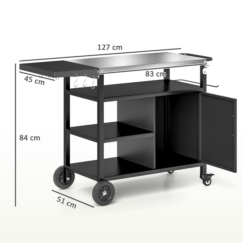 Black Outdoor BBQ Trolley with Foldable Side Table and Storage by Outsunny