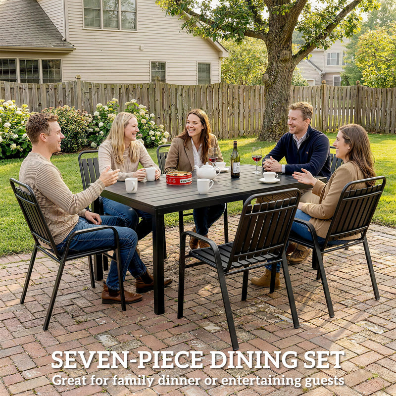 Outdoor Dining Set for 6 with Stackable Chairs and Easy Clean Table With Umbrella Hole, Black