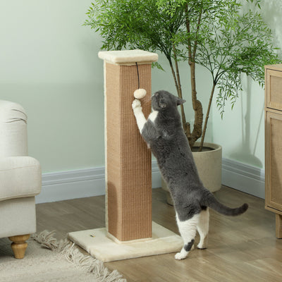 81cm Beige Cat Scratcher with Jute Rope Hanging Ball and Soft Plush Cover by PawHut