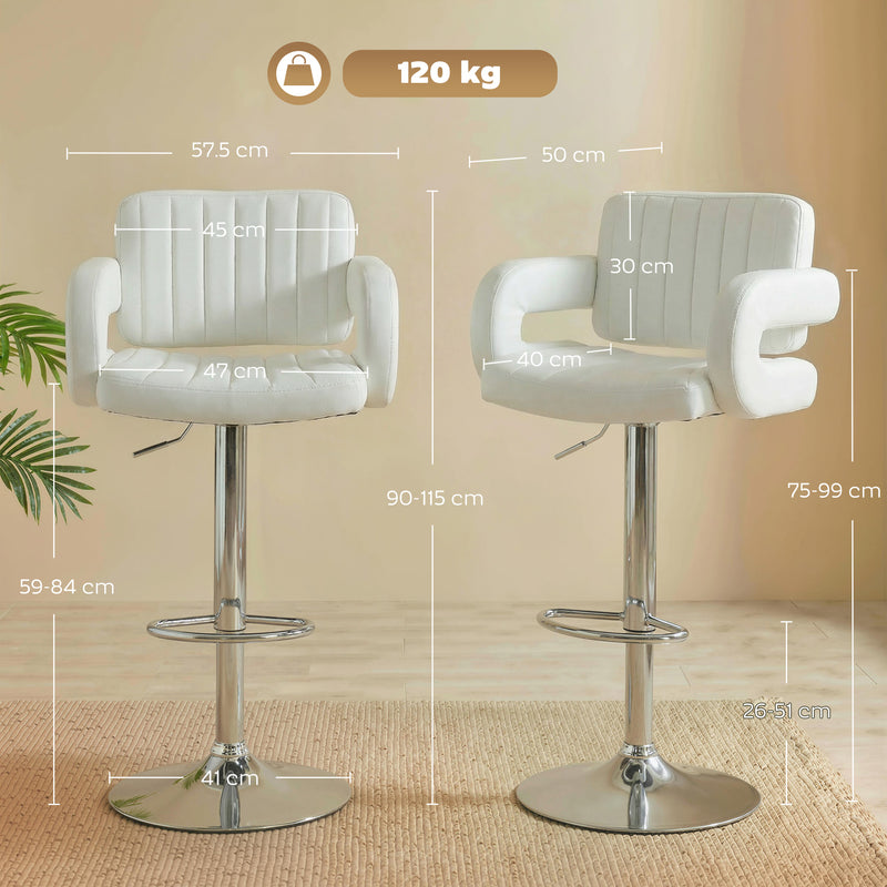 Adjustable Bar Stools with Padded Armrests for Kitchen Island or Breakfast Bar Set of 2 White AOSOM