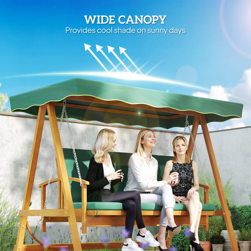 Wooden 3 Seater Garden Swing Chair Convertible Hammock Bench Lounger Dark Green Cushions by Outsunny
