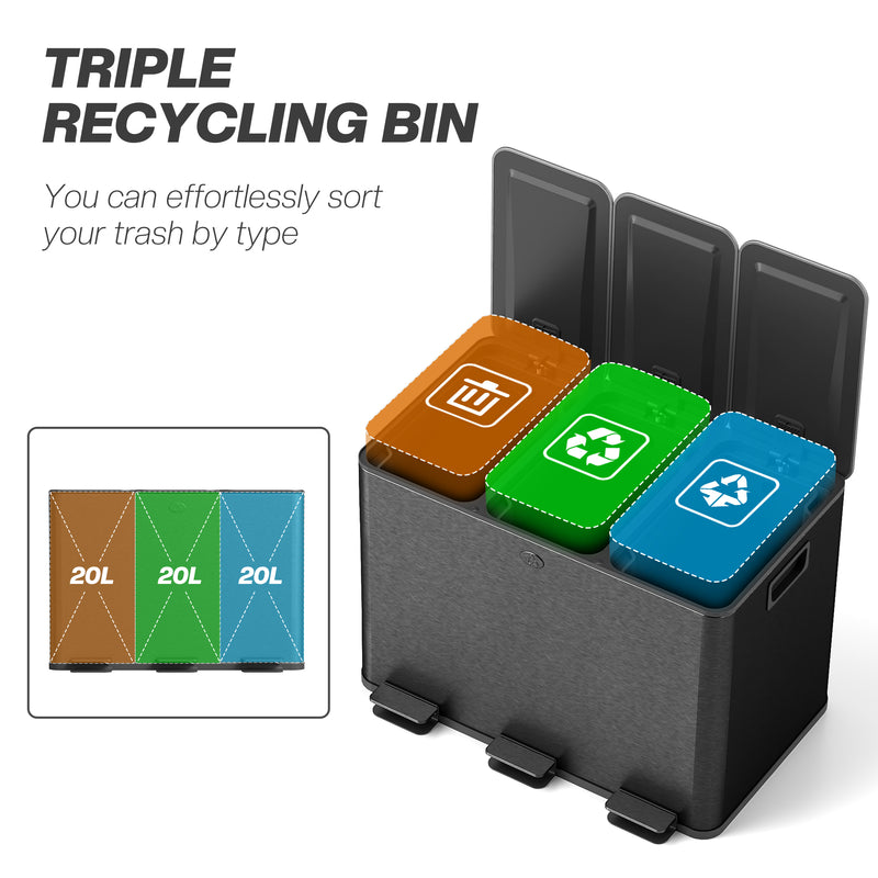 Triple Kitchen Bin 60LWith Soft Close Lids And Removable Inner Buckets Black