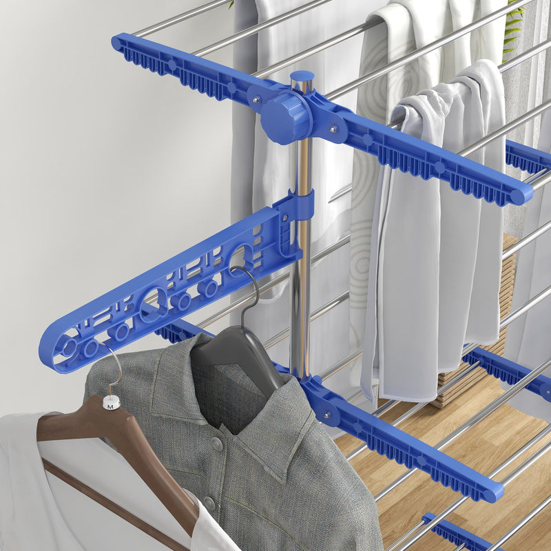 Four Shelf Folding Clothes Airer with Side Wings and Wheels for Indoor Drying, Blue