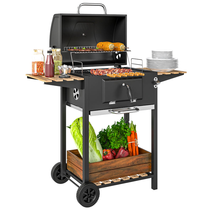 Charcoal BBQ Grill with Adjustable Charcoal Pan Warming Rack Shelves and Wheels by Outsunny