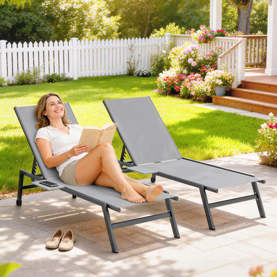 Garden Sun Loungers Set for 2 with 5 Point Adjustable Backrest and Side Tray Table Outsunny
