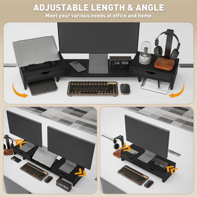 Dual Monitor Stand Riser with 2 Drawers Adjustable Length for PC Laptop and Printer Black by HOMCOM