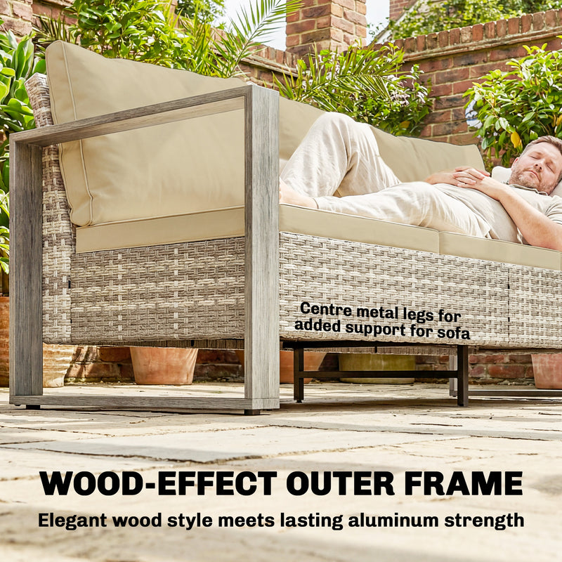 Rattan Garden Furniture Set for Relaxed Outdoor Seating with Cushions and Coffee Table, Khaki